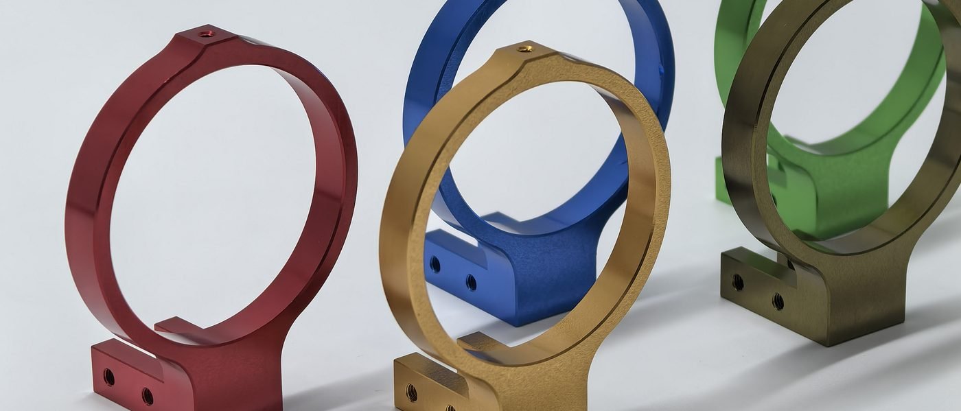 Row of machined rings in red, blue, gold and green anodized finishes